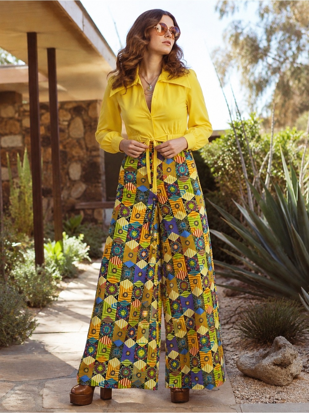Vintage 70s Sears At Home Wear Yellow Dagger Collar Palazzo Jumpsuit Size XS